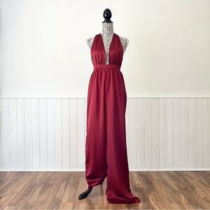 Missguided Satin Plunge Halter Neck Wide Leg Jumpsuit Size 0